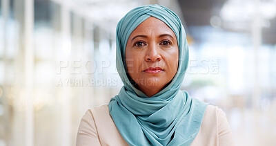 Buy stock photo Muslim, business woman and success with face, executive and serious with career, vision with islamic company. Professional portrait, employee in hijab and leader with corporate motivation and mindset