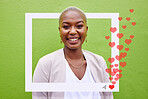 Social media, heart and influencer woman profile or frame for love emoji, fan page or icon app. Portrait of African person for online chat, content notification or network overlay on green background