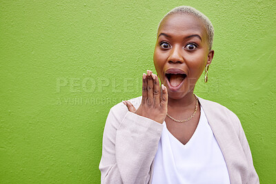 Surprise, happy and portrait of black woman by green wall with gossip, good news or secret. Shock, excited and young African female model with wow, omg or wtf face expression with mockup space.
