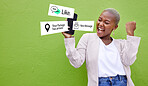 Black woman, phone and happy with notification icon, wall and celebration for texting by green background. African winner girl, smartphone and overlay with web chat, sign and fist for e commerce app