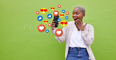 Buy stock photo Surprise, black woman and phone icons, social media emojis and wow facial expression for online notification. Wow opinion vote, mockup and shocked user reading chat feedback on green background wall