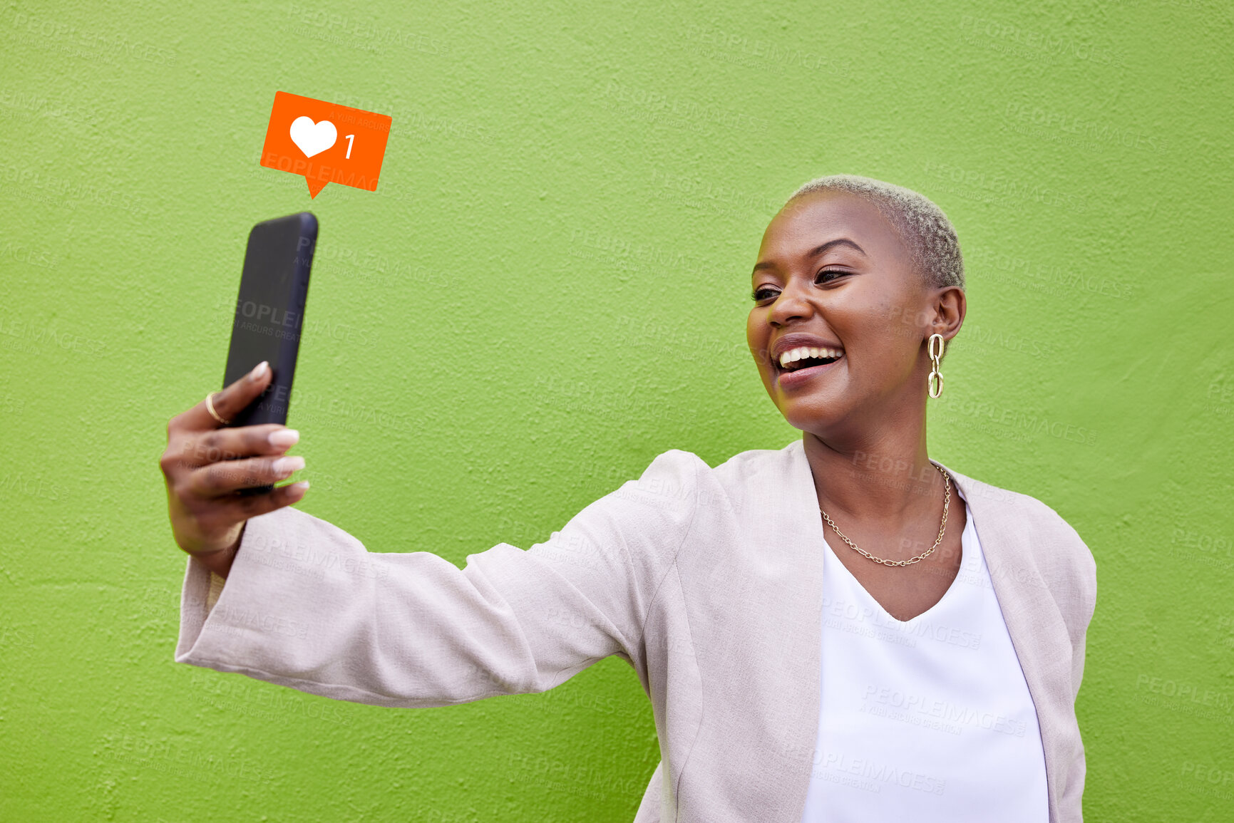 Buy stock photo Selfie, happy black woman and heart icon, social media emoji and post memory picture, content creation or photography. Communication, love opinion or African influencer photo on green background wall