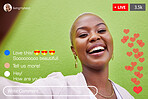 Influencer woman, live streaming and phone screen for smile, ui or portrait for reaction, comment section or app. Girl, social media and content creation for like, subscription or web chat with video