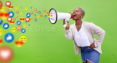 Buy stock photo Megaphone, emoji communication and social media with a black woman in studio on a green background. Speech, announcement and a young person shouting into a loud speaker to like, comment or share