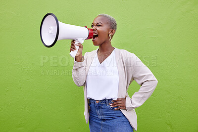 Buy stock photo Black woman, megaphone and screaming on mockup space in advertising or protest against a studio background. African female person screaming in bullhorn or loudspeaker for sale discount, vote or alert