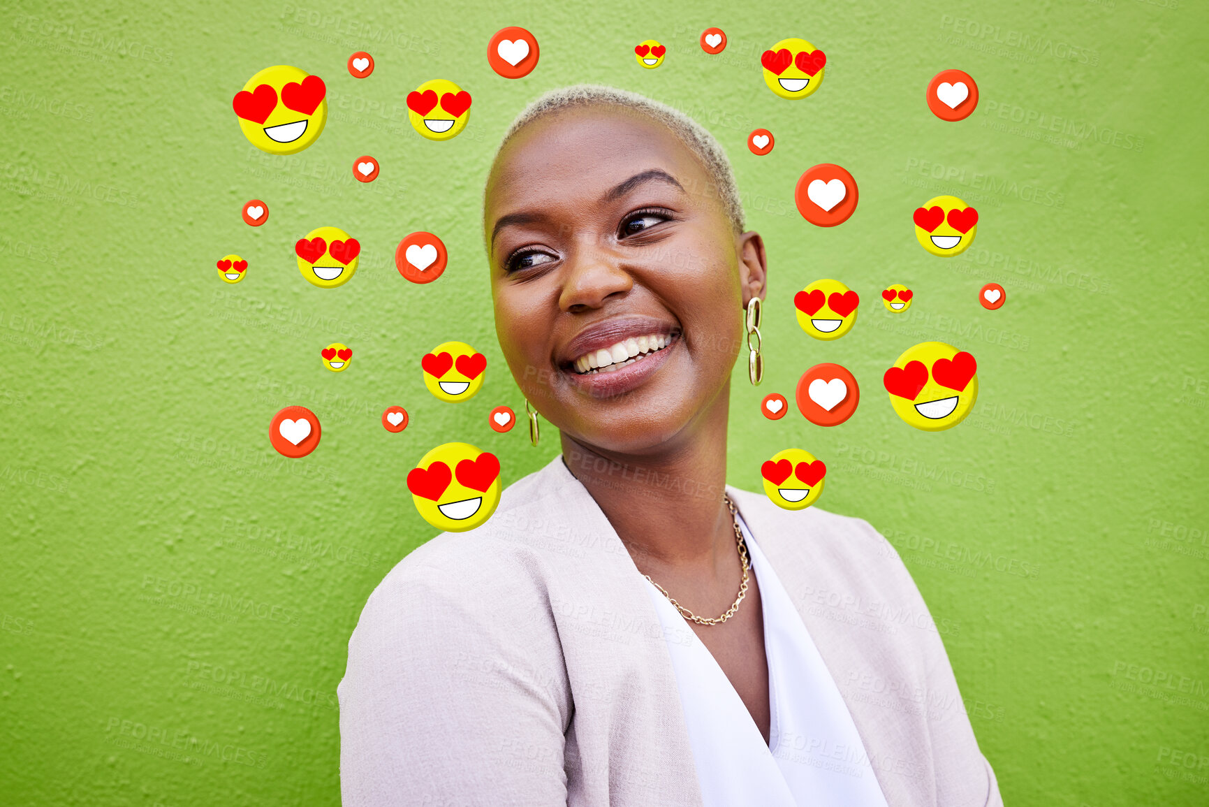 Buy stock photo Social media, heart and love icon of a woman or influencer for emoji app or online dating. Face of African person thinking of chat, reaction or communication notification overlay on green background
