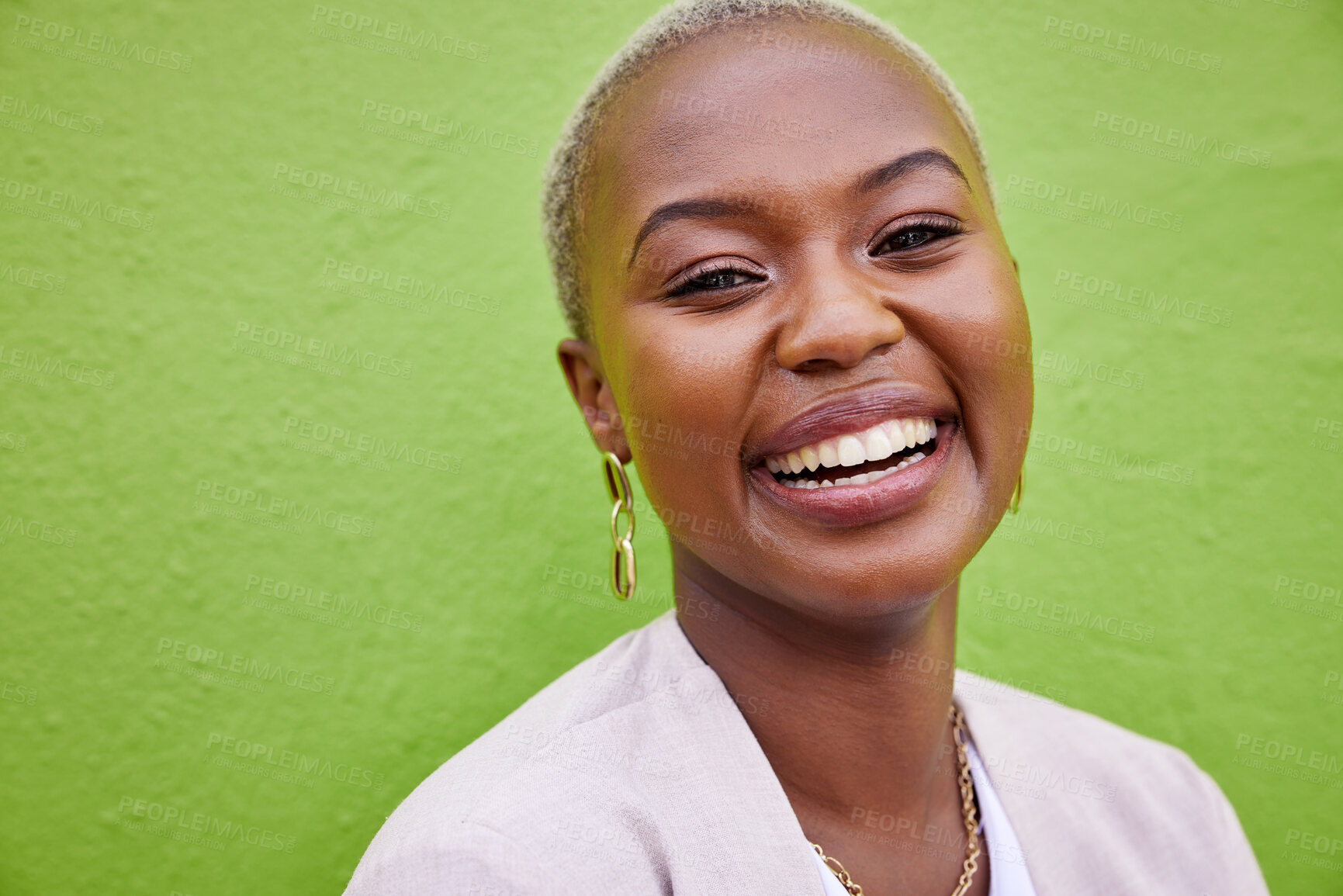 Buy stock photo Portrait, fashion and funny black woman on green wall background mockup space. Face, smile and confident African person in style, formal clothes and happy to laugh at comedy joke in Nigeria outdoor