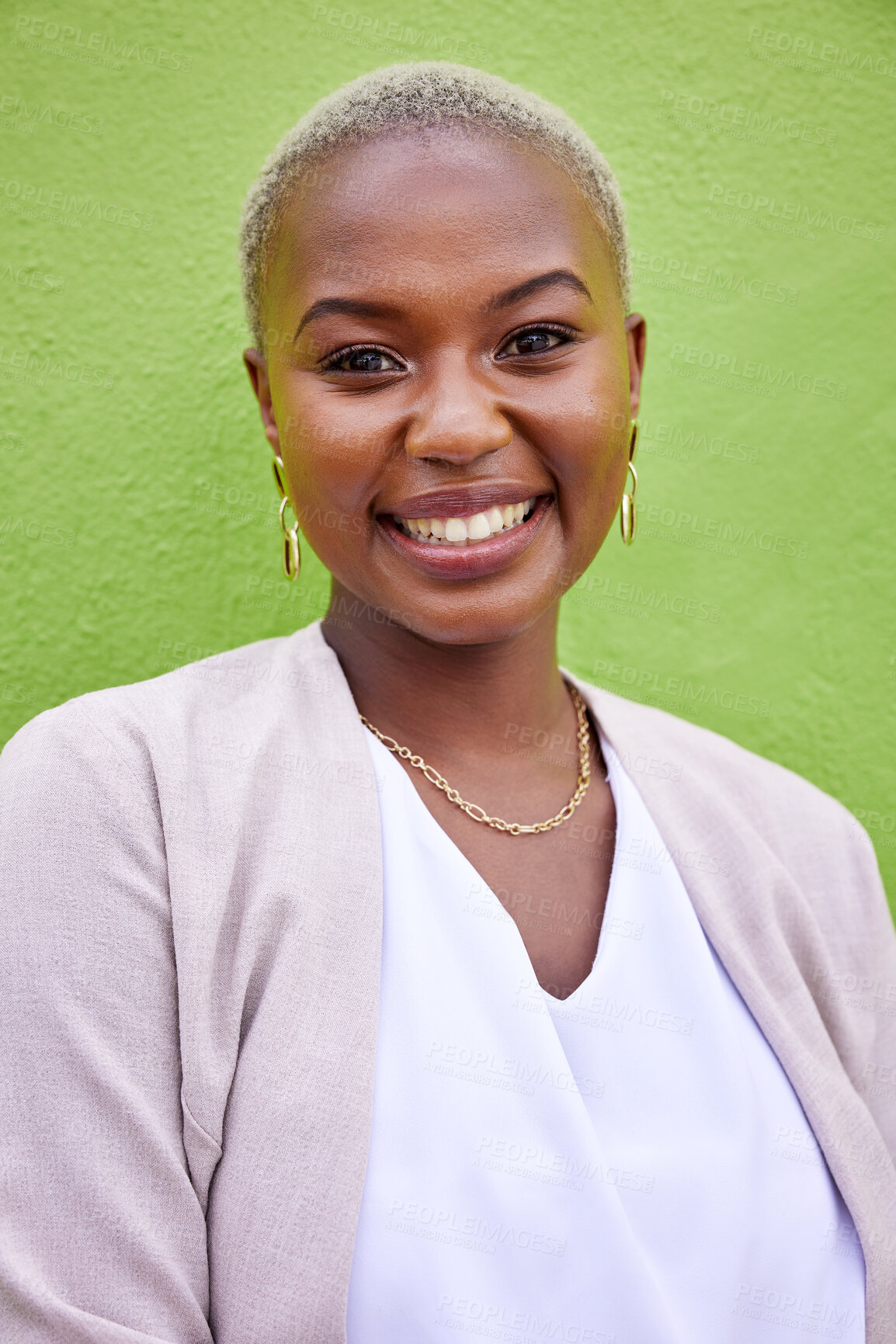 Buy stock photo Portrait, business and happy black woman, entrepreneur and career of worker on green wall background. Face, smile and confident African professional, consultant and employee in clothes in Nigeria