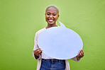 Black woman, speech bubble and portrait for smile, space or mockup for opinion by green wall background. African girl, billboard or paper poster for branding, vote and review with news announcement