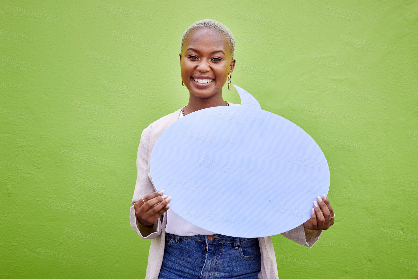 Buy stock photo Black woman, speech bubble and portrait for smile, space or mockup for opinion by green wall background. African girl, billboard or paper poster for branding, vote and review with news announcement