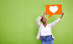 Speech bubble icon, black woman or social media heart emoji for love feedback, sms notification or communication. Opinion poster, mockup advertising space and user voice sign on green background wall