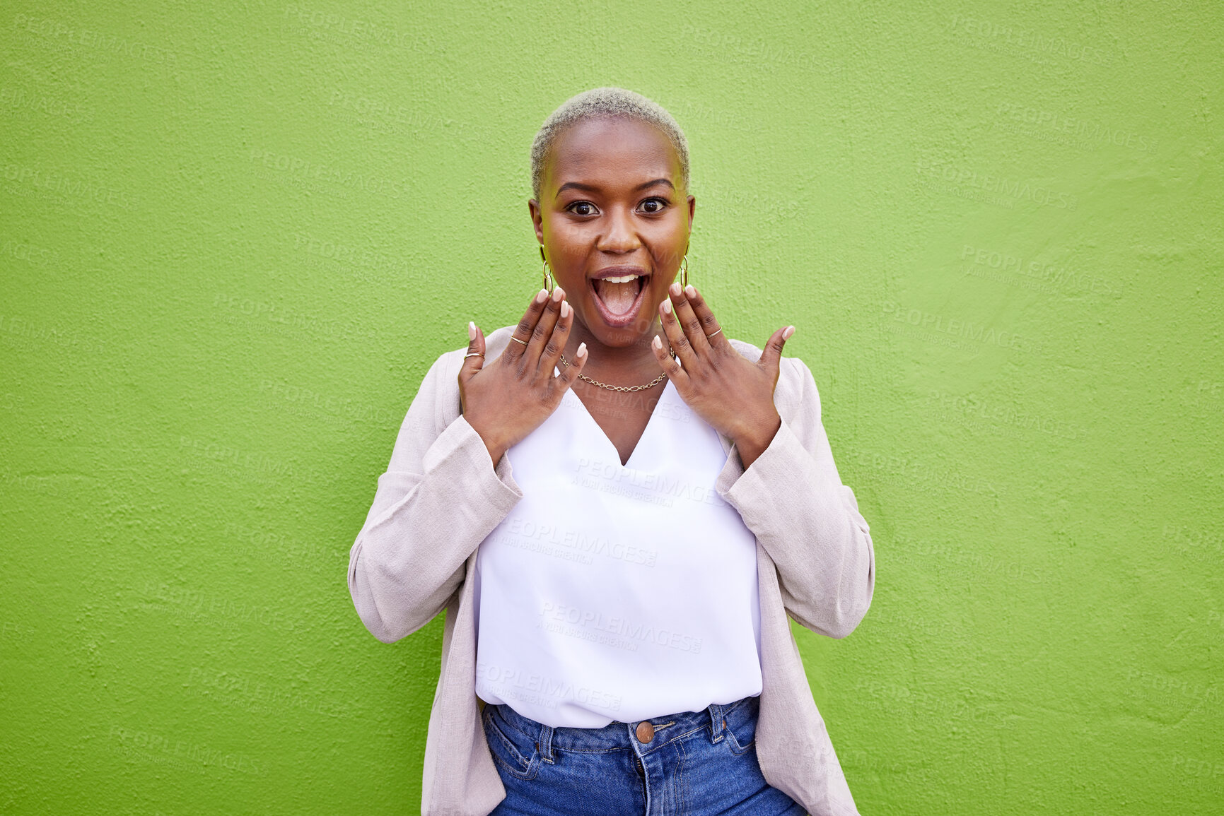 Buy stock photo Excited, shocked and black woman surprise by news, deal or discount offer isolated in a studio green background. Wow, gossip and young person with emoji reaction to announcement or promotion