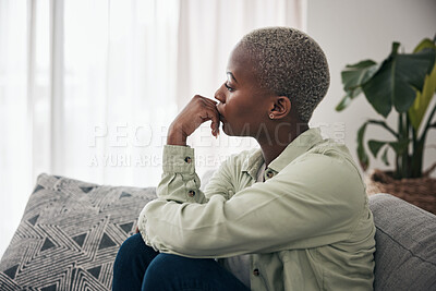 Buy stock photo Woman, thinking and depression on sofa for sad memory, mental health risk and anxiety of debt. Stress, worry and lonely african person remember trauma of abuse, broken heart or doubt decision at home