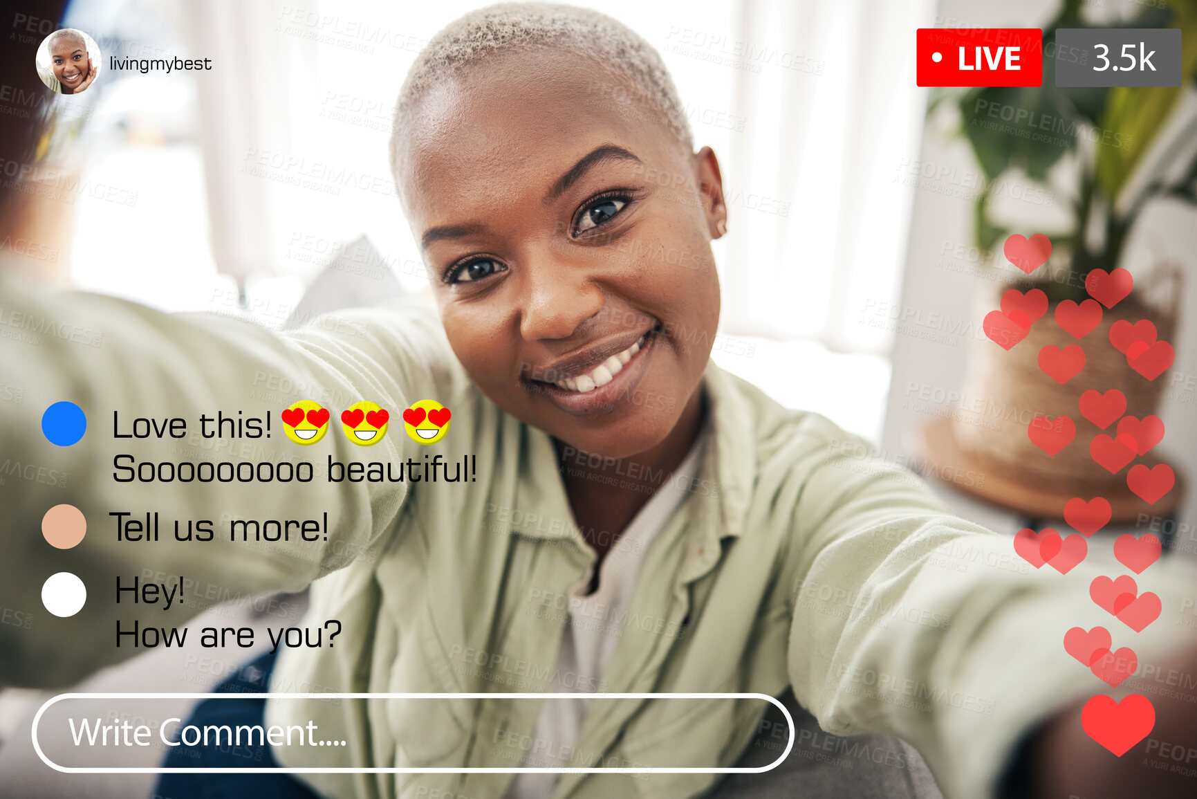 Buy stock photo Selfie portrait, happy black woman and live streaming social media post, online opinion comment or filming vlog broadcast. Home smile, screen face or influencer record video, podcast or communication