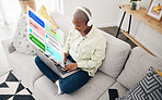 Laptop, social media icon or woman typing for communication, message or online chat. Headphones, notification overlay or African person streaming on music app on website or digital network at home