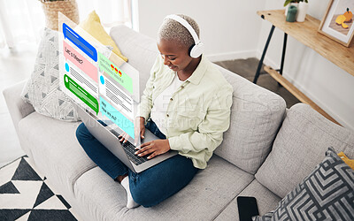 Buy stock photo Laptop, social media icon or woman typing for communication, message or online chat. Headphones, notification overlay or African person streaming on music app on website or digital network at home