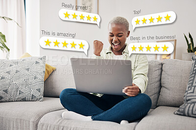 Buy stock photo Laptop, excited and business owner reading review, email or feedback for financial bonus or 5 star rating. Overlay, success or happy woman in celebration of computer results or online sales at home