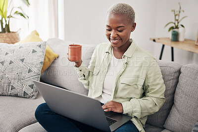 Buy stock photo Home laptop, communication and happy black woman reading social network notification, online media or website search engine. Computer, lounge sofa and African person research, internet and drink tea