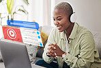 Home, movie review or black woman with laptop reading social media chat or online opinion in living room. Headphones, feedback overlay or happy person on film streaming website or digital network 