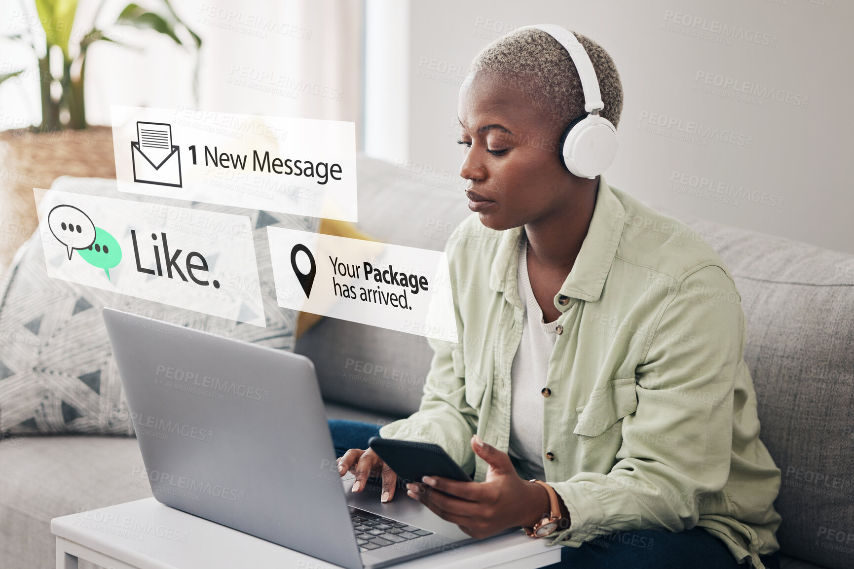 Buy stock photo Laptop, notification overlay or woman typing for communication, social media or online chat. Headphones, email message alert or African person streaming music on website or mobile app network at home