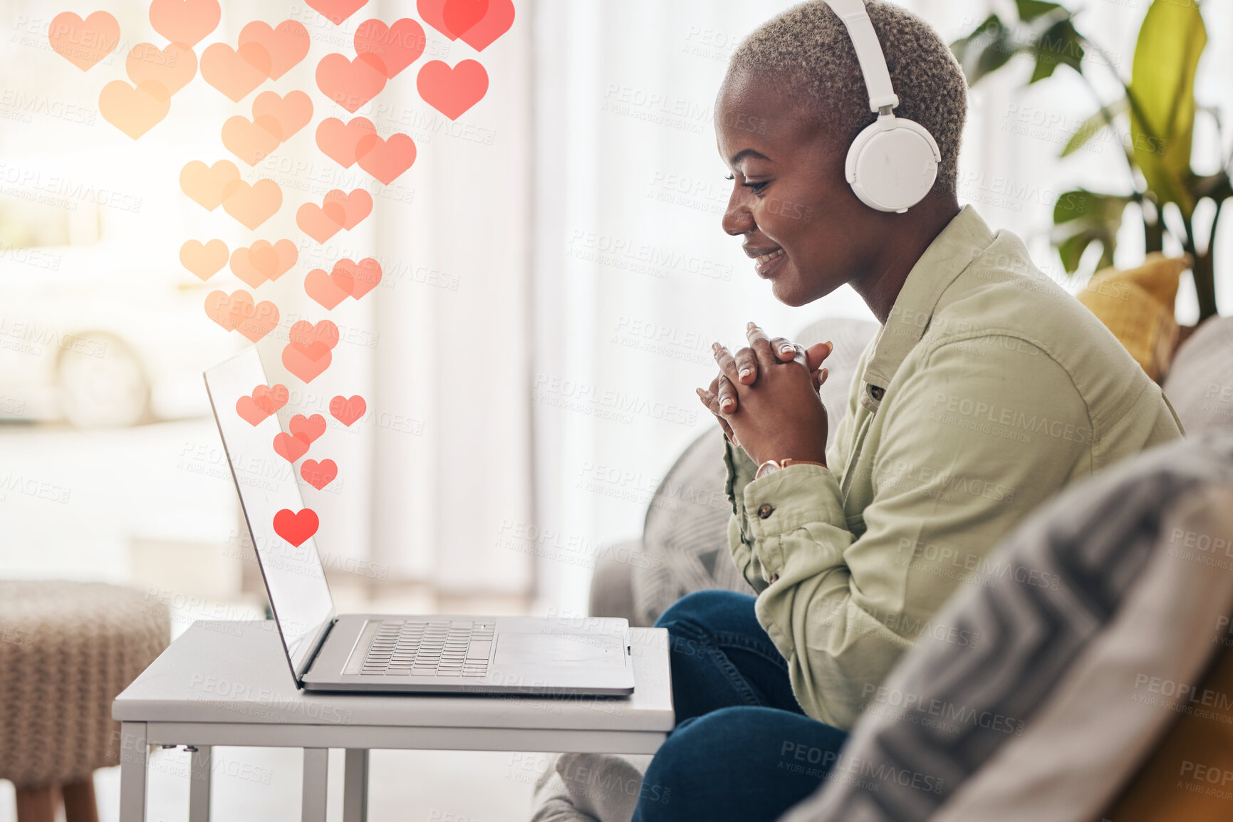 Buy stock photo Laptop, heart emoji or happy woman typing for communication, social media or online dating. Headphones, love icon message or African person streaming music to chat on web or digital network at home