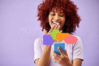 Buy stock photo Phone, smile and woman on social media speech bubble in studio isolated on a purple background mockup space. Smartphone, communication and happy person on chat, feedback and voice notification online
