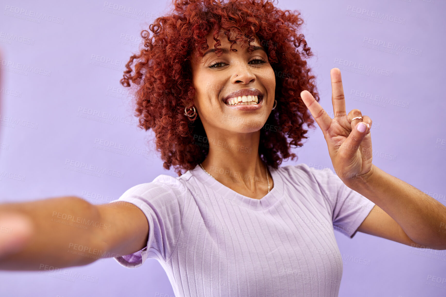 Buy stock photo Smile, peace sign and portrait of a woman with a selfie on a purple background for fashion. Happy, emoji hand and girl or model with a gesture and taking a photo with a cool attitude for social media