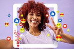 Selfie of woman with peace sign, social media and emoji in studio to like, subscribe and review. Frame, face and streamer girl on purple background with notification icon, hand gesture and online app