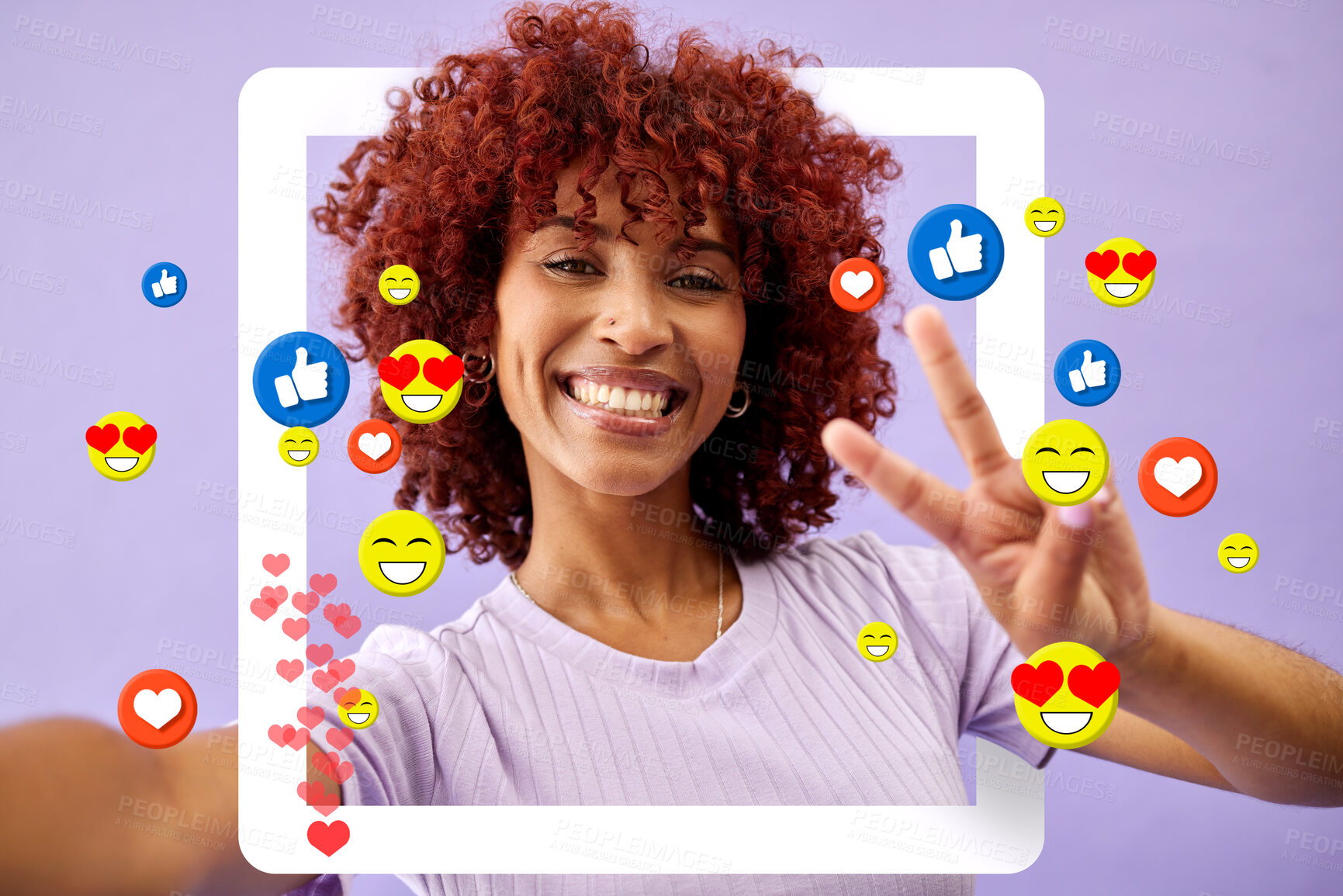Buy stock photo Selfie of woman with peace sign, social media and emoji in studio to like, subscribe and review. Frame, face and streamer girl on purple background with notification icon, hand gesture and online app