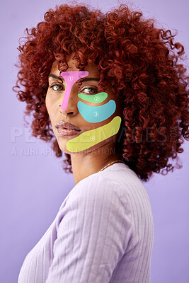 Buy stock photo Beauty, hologram and portrait of woman in studio for wellness, skincare and facial mapping. Dermatology mockup, spa and face of person on purple background with overlay for makeup and cosmetics