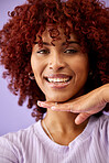 Happy, selfie and portrait of black woman with hand, smile or confidence in profile picture for social media, blog or post. African, face or happiness with natural beauty on purple background