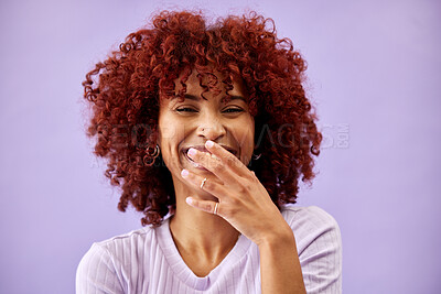 Buy stock photo Hair, happy and portrait of woman laughing in studio for red, dye or afro makeover on purple background. Haircare, transformation or face of lady model laugh at funky color, change or cosmetic result