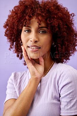 Buy stock photo Self care, beauty and portrait of woman in studio with salon curly hair treatment and makeup. Cosmetic, natural and young model from Colombia with afro hairstyle and cosmetology by purple background.