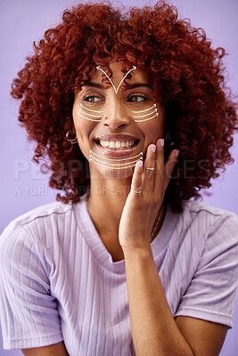 Buy stock photo Facial recognition, shape and a woman on a purple background for skincare, wellness or beauty. Smile, thinking and a young girl or female model with lines on face for wrinkles, aging or lifting