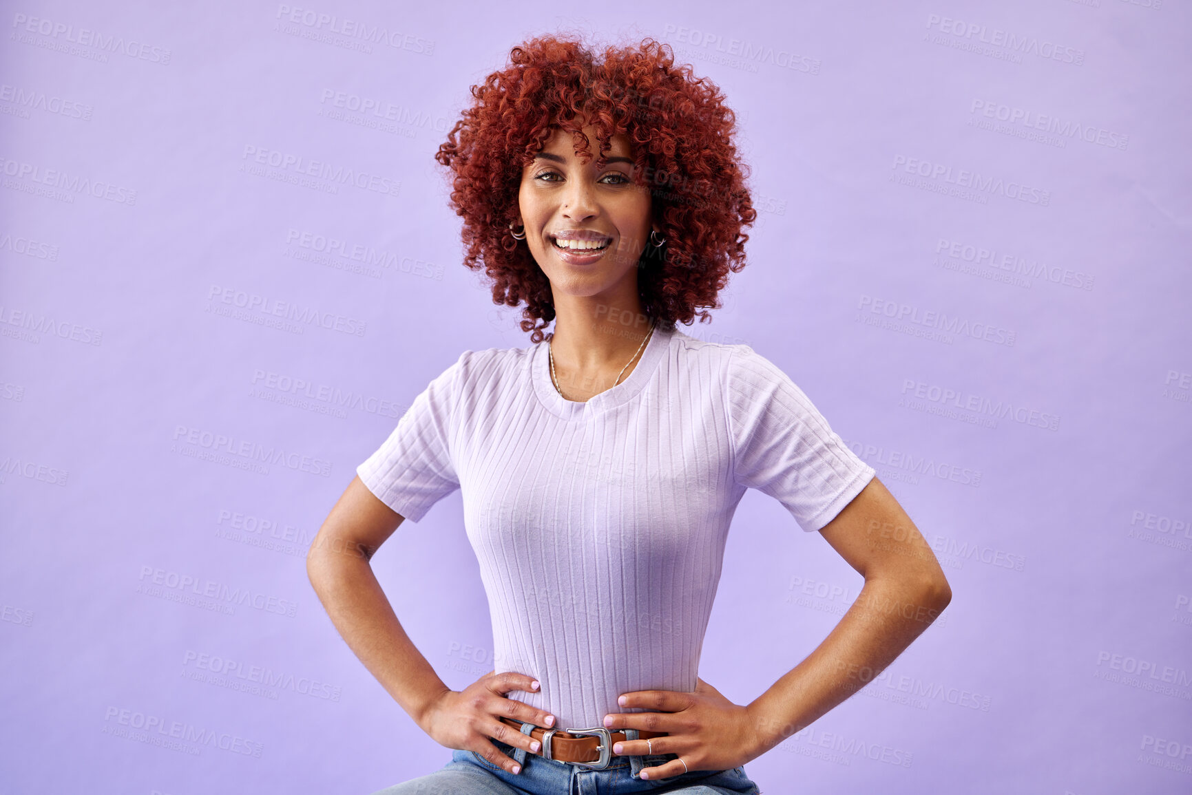 Buy stock photo African woman, smile and portrait for fashion with confidence, pride and smile on purple background in studio. Happy, face and natural collagen cosmetics for afro or dermatology skincare in salon