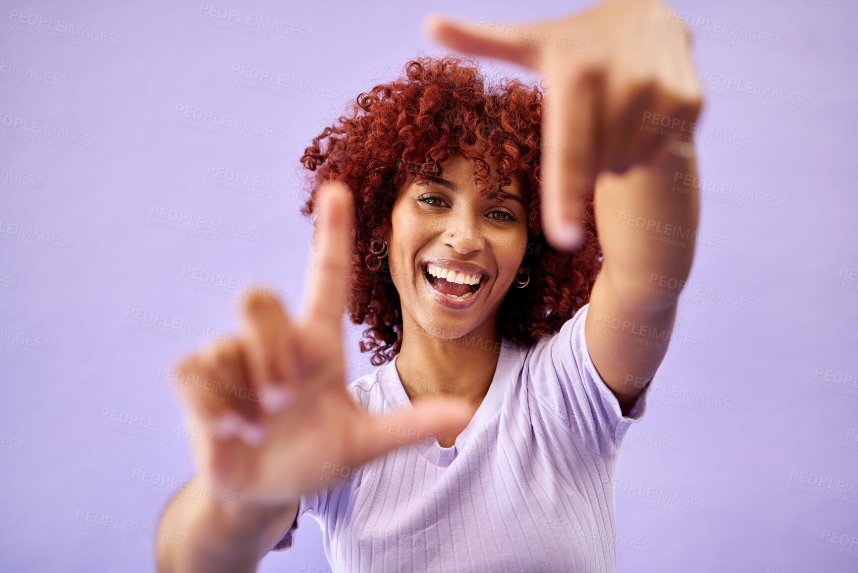 Buy stock photo Portrait, hands frame and happy woman in studio isolated on a purple background mockup space. Face, finger border and person excited for photographer selfie, profile picture and creative perspective