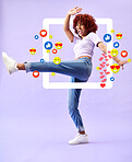 Excited woman influencer, social media and emoji in studio to like, subscribe and review. Frame, kick and streamer girl on purple background with notification icon overlay, happiness and digital app