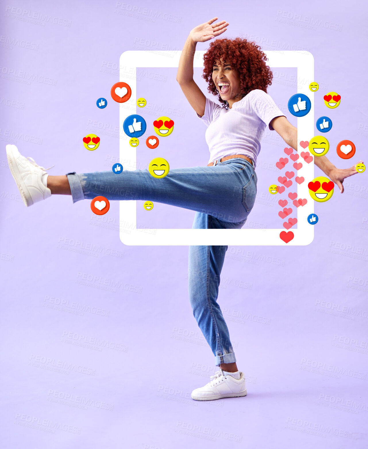 Buy stock photo Excited woman influencer, social media and emoji in studio to like, subscribe and review. Frame, kick and streamer girl on purple background with notification icon overlay, happiness and digital app