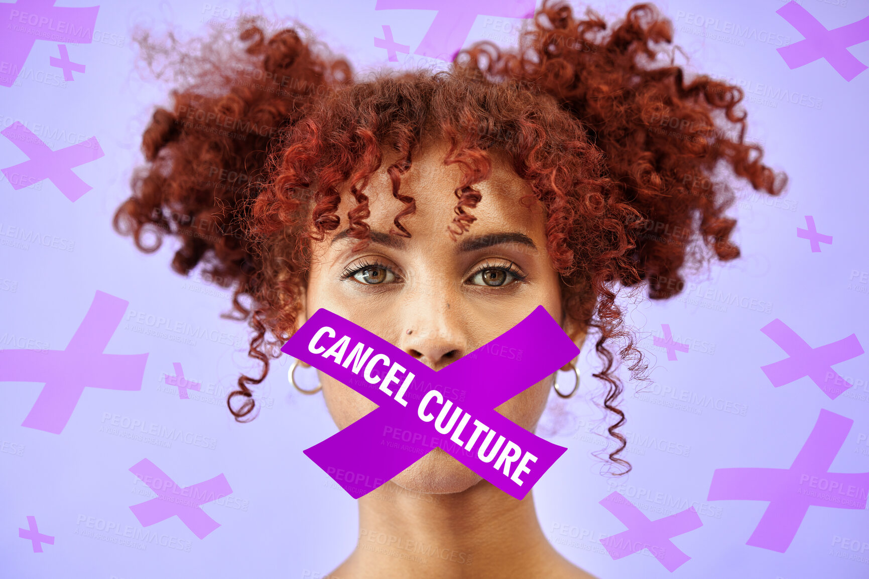 Buy stock photo Cancel culture, overlay and opinion with portrait of woman with tape in studio for censorship, social media and cyber bullying. Free speech, silence and voice with person on purple background