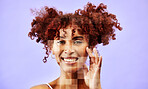 Portrait, beauty and double exposure for dermatology with a woman on purple background in studio. Face, smile and skincare with a happy young model at the salon for transformation or plastic surgery