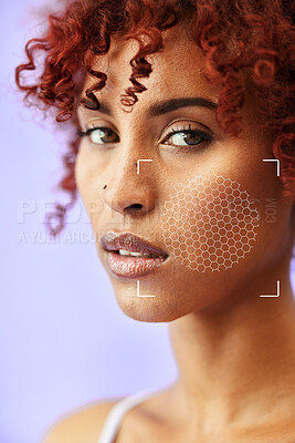 Buy stock photo Portrait, beauty and skin technology for pigment with a woman in studio on a purple background closeup. Face, skincare and rendering with a young model scanning her cheek for plastic surgery