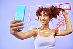 Woman, vlog and live streaming in studio with screen overlay, notification icon and happy by purple background. Gen z influencer girl, selfie recording and contact with followers on social media app