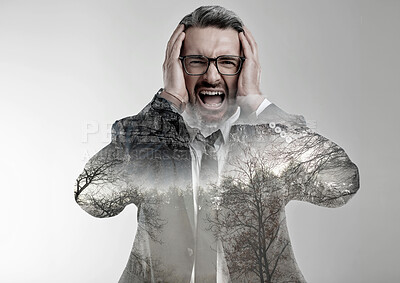 Buy stock photo Business man, nature double exposure and stress with scream, worry and anxiety for deforestation in studio. Entrepreneur, fear and scared of climate change with forest, trees or sustainability at job