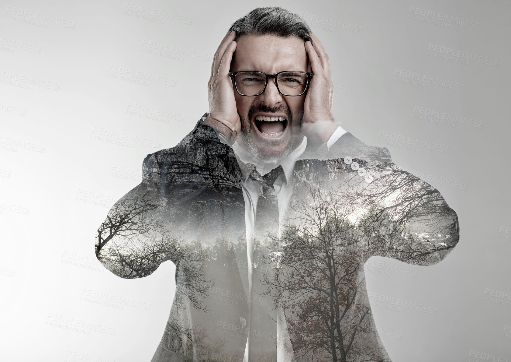 Buy stock photo Business man, nature double exposure and stress with scream, worry and anxiety for deforestation in studio. Entrepreneur, fear and scared of climate change with forest, trees or sustainability at job