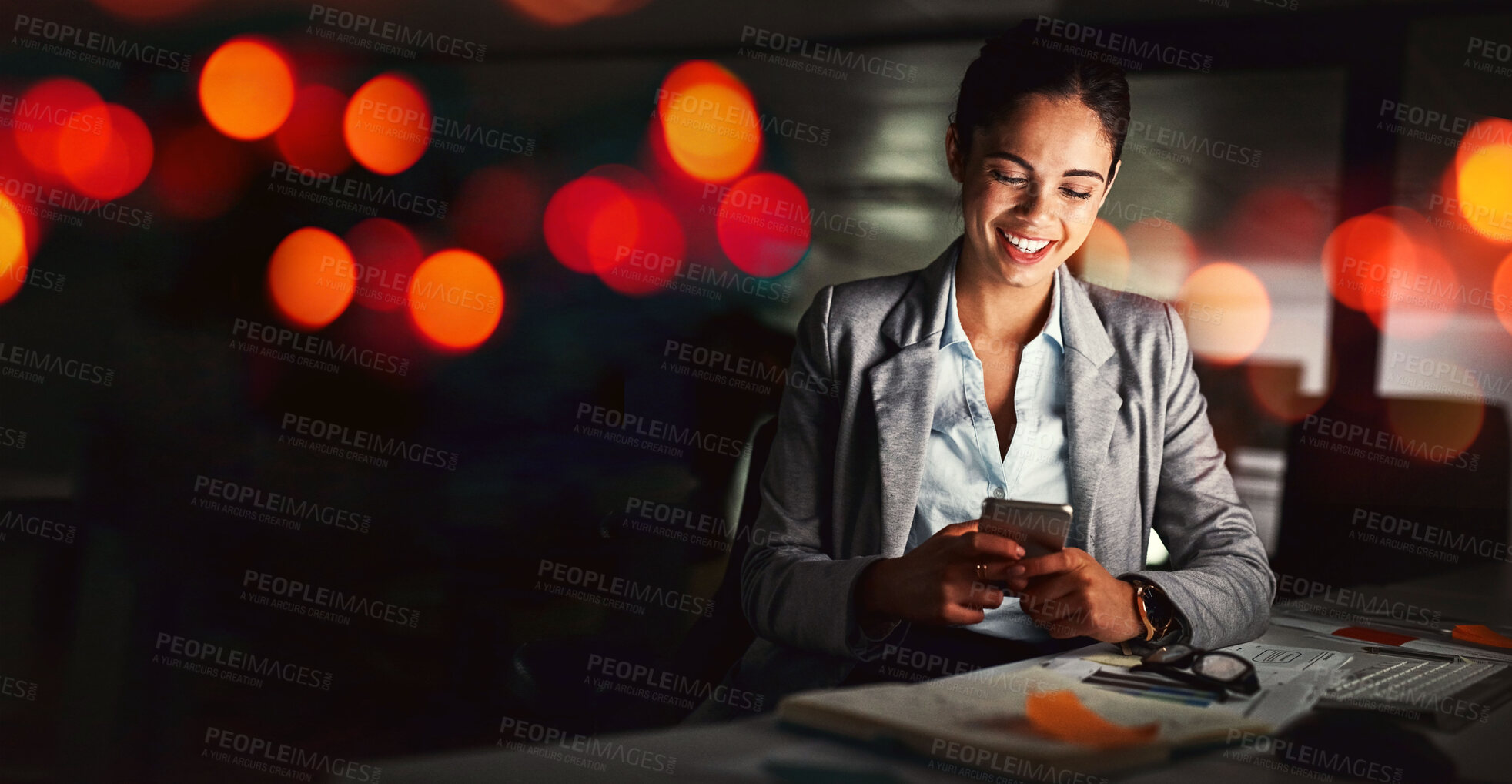 Buy stock photo Mockup, phone and business woman at night online for connection, social media and internet chat. Banner space, communication and worker typing on smartphone for research, website and email in office