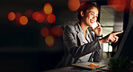 Business woman, phone call and laughing at night with bokeh lighting and computer work. Deadline, office smile and mobile networking with worker conversation and data for project and mockup space