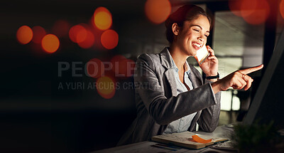 Buy stock photo Business woman, phone call and happy at night with bokeh lighting and computer work. Deadline, office smile and mobile networking with worker conversation and data for project and mockup space