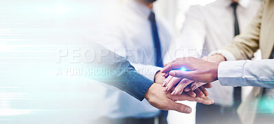 Buy stock photo Mockup, teamwork and business people with stack of hands for support, mission and growth. Collaboration, overlay and workers with hologram for partnership, diversity and company goals in office