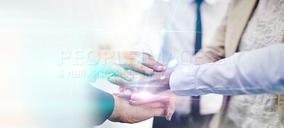 Buy stock photo Double exposure, teamwork and stack of hands of business people for support, mission and growth. Collaboration, mockup and workers with hologram for partnership, diversity and company goals in office