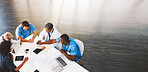 Healthcare, meeting and doctors with nurses, laptop or tablet from above for surgery, advice or planning. Hospital, teamwork or people in office for help, collaboration or results, review or analysis